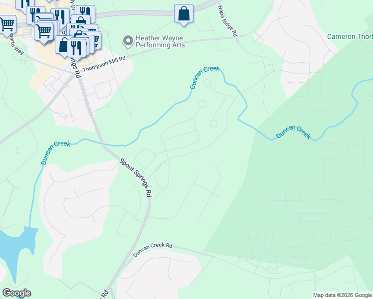 map of restaurants, bars, coffee shops, grocery stores, and more near 1905 Deer Creek Trail in Buford