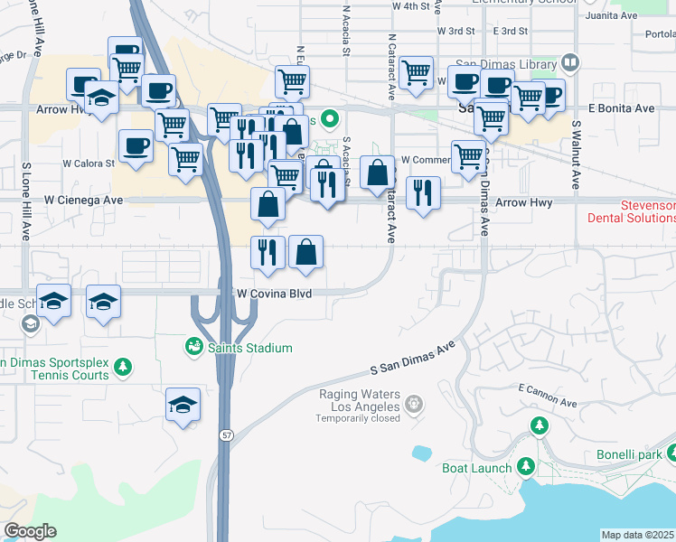 map of restaurants, bars, coffee shops, grocery stores, and more near 525 West Terrace Drive in San Dimas