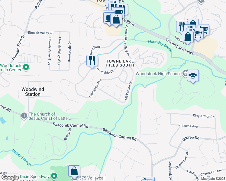 map of restaurants, bars, coffee shops, grocery stores, and more near 405 Mount Vernon Court in Woodstock