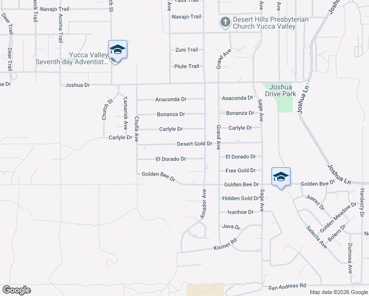 map of restaurants, bars, coffee shops, grocery stores, and more near 56595 Desert Gold Drive in Yucca Valley