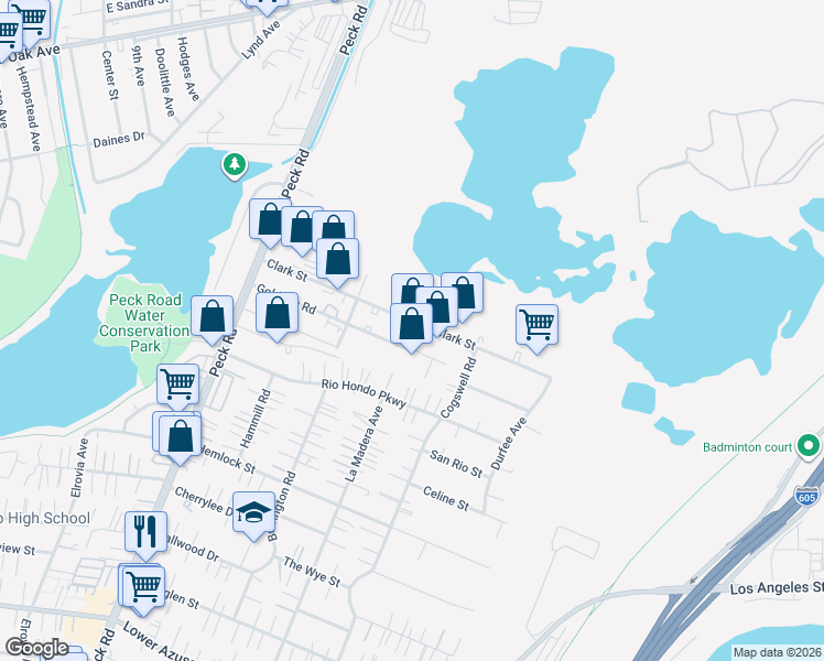map of restaurants, bars, coffee shops, grocery stores, and more near 11878 Clark Street in Arcadia