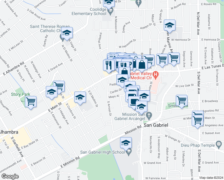 map of restaurants, bars, coffee shops, grocery stores, and more near 857 Carillo Drive in San Gabriel