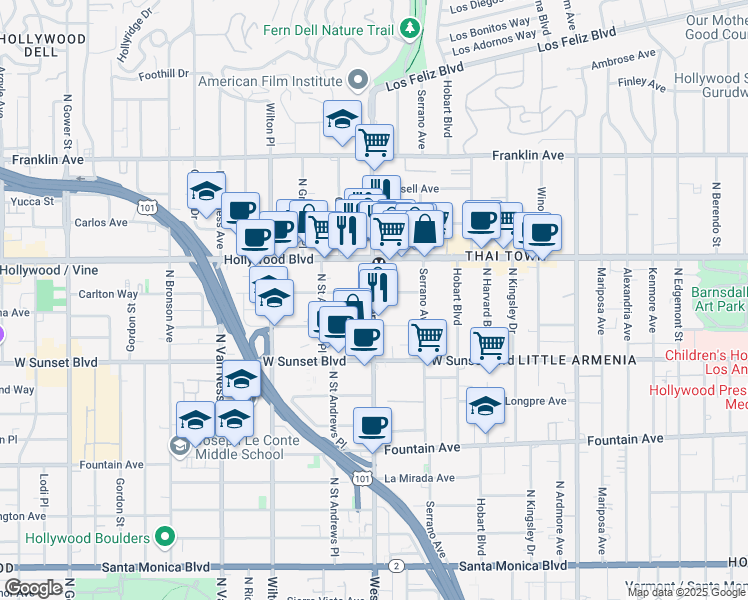 map of restaurants, bars, coffee shops, grocery stores, and more near 1600 North Western Avenue in Los Angeles