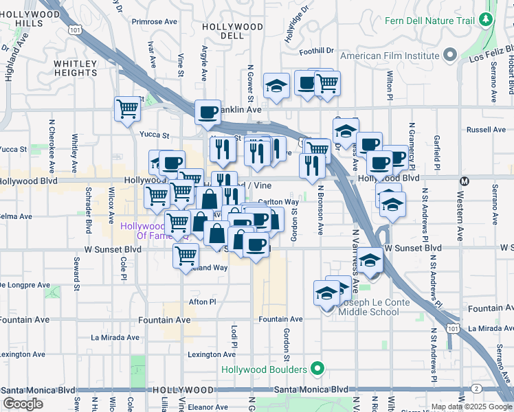map of restaurants, bars, coffee shops, grocery stores, and more near 6041 Carlton Way in Los Angeles