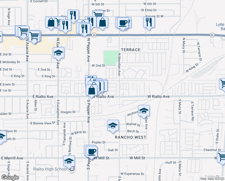map of restaurants, bars, coffee shops, grocery stores, and more near 2744 West Rialto Avenue in Rialto