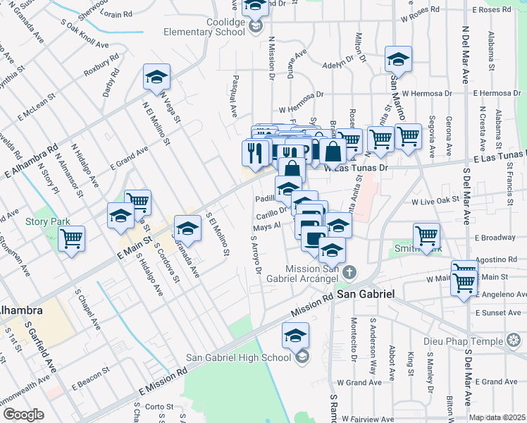 map of restaurants, bars, coffee shops, grocery stores, and more near 857 Carillo Drive in San Gabriel