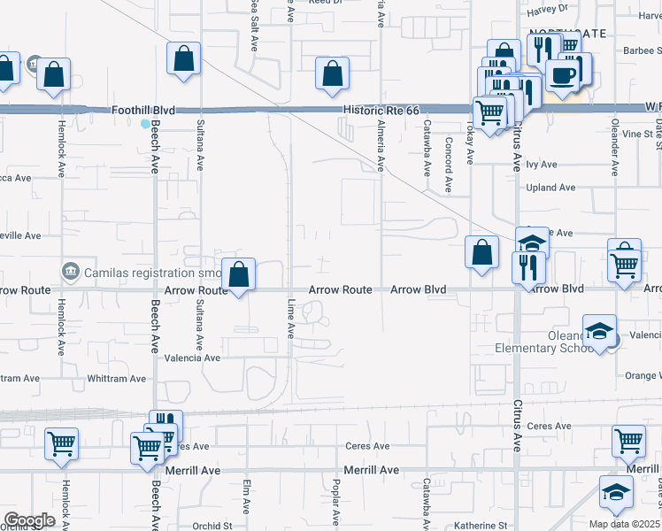 map of restaurants, bars, coffee shops, grocery stores, and more near 15682 Arrow Boulevard in Fontana