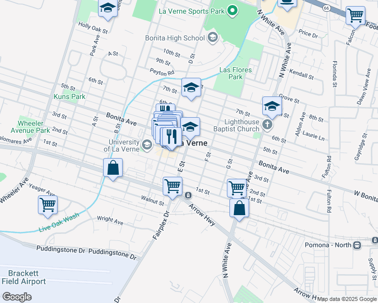map of restaurants, bars, coffee shops, grocery stores, and more near in La Verne