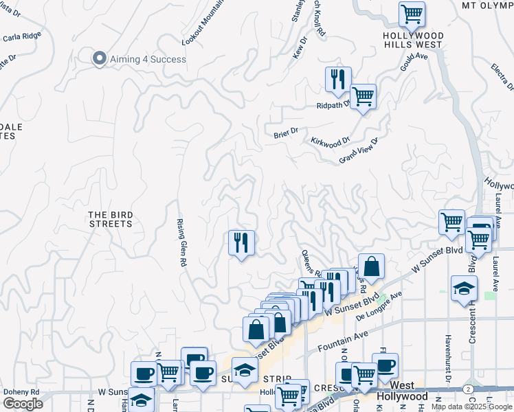 map of restaurants, bars, coffee shops, grocery stores, and more near 8713 Sunset Plaza Terrace in Los Angeles