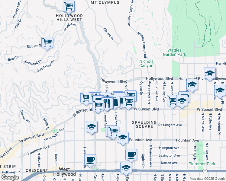 map of restaurants, bars, coffee shops, grocery stores, and more near 7949 Selma Avenue in Los Angeles