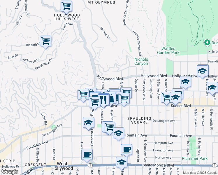 map of restaurants, bars, coffee shops, grocery stores, and more near 7960 Hollywood Boulevard in Los Angeles