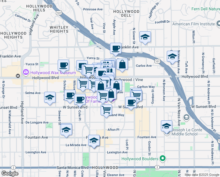 map of restaurants, bars, coffee shops, grocery stores, and more near in Los Angeles