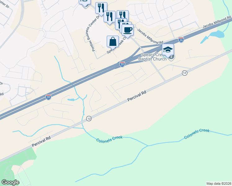 map of restaurants, bars, coffee shops, grocery stores, and more near 4701 Percival Road in Columbia