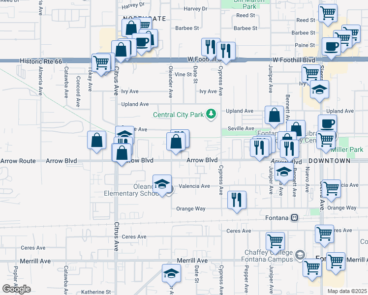 map of restaurants, bars, coffee shops, grocery stores, and more near 16370 Arrow Boulevard in Fontana