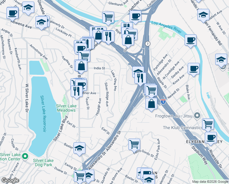 map of restaurants, bars, coffee shops, grocery stores, and more near Lake View Avenue in Los Angeles