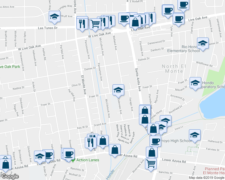 map of restaurants, bars, coffee shops, grocery stores, and more near 10817 Freer Avenue in Temple City