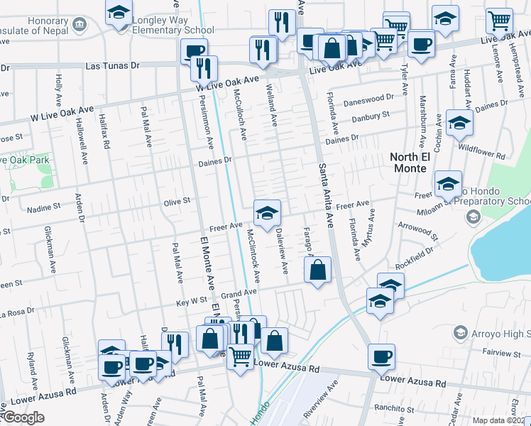 map of restaurants, bars, coffee shops, grocery stores, and more near 10815 Freer Street in Temple City