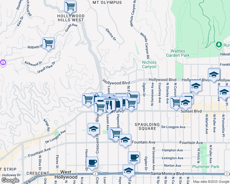 map of restaurants, bars, coffee shops, grocery stores, and more near 7949 Selma Avenue in Los Angeles