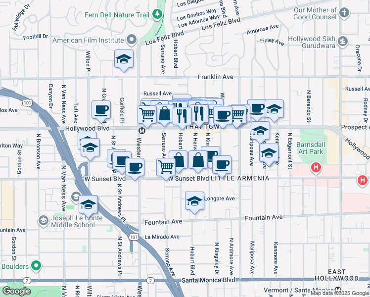 map of restaurants, bars, coffee shops, grocery stores, and more near 1640 North Hobart Boulevard in Los Angeles
