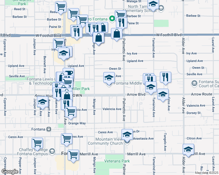 map of restaurants, bars, coffee shops, grocery stores, and more near 8425 Mango Avenue in Fontana