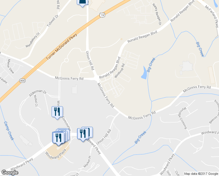 map of restaurants, bars, coffee shops, grocery stores, and more near 7725 Pierpoint Lane in Alpharetta
