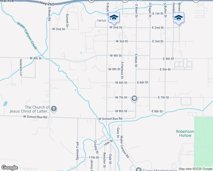 map of restaurants, bars, coffee shops, grocery stores, and more near South Burk Street in Eagar