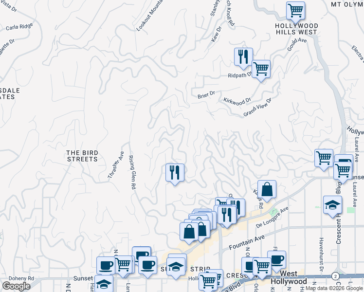 map of restaurants, bars, coffee shops, grocery stores, and more near 8825 Hollywood Boulevard in Los Angeles
