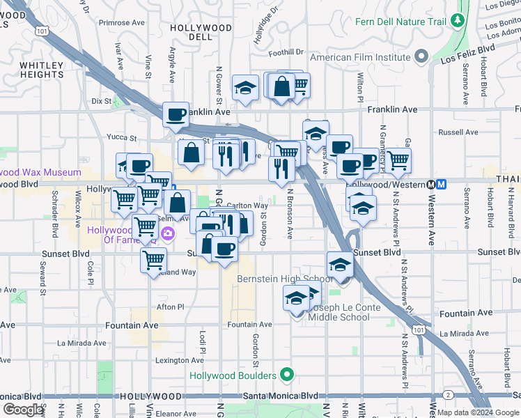 map of restaurants, bars, coffee shops, grocery stores, and more near 5950 Carlton Way in Los Angeles