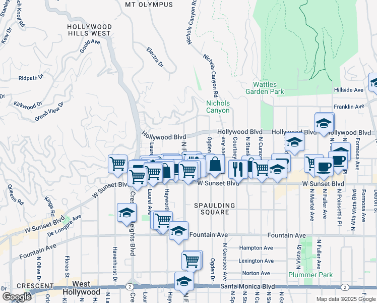 map of restaurants, bars, coffee shops, grocery stores, and more near 1614 North Fairfax Avenue in Los Angeles
