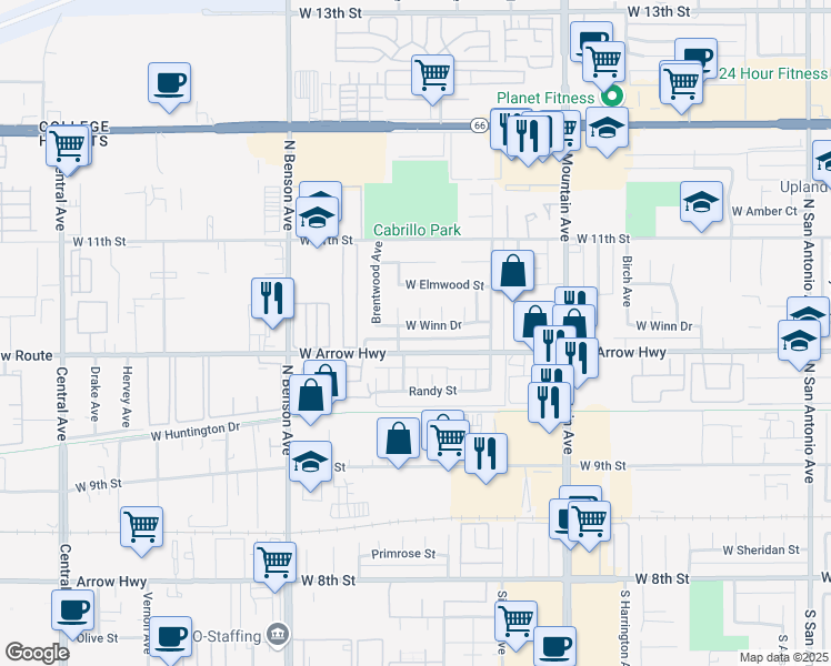map of restaurants, bars, coffee shops, grocery stores, and more near 1424 West Winn Drive in Upland