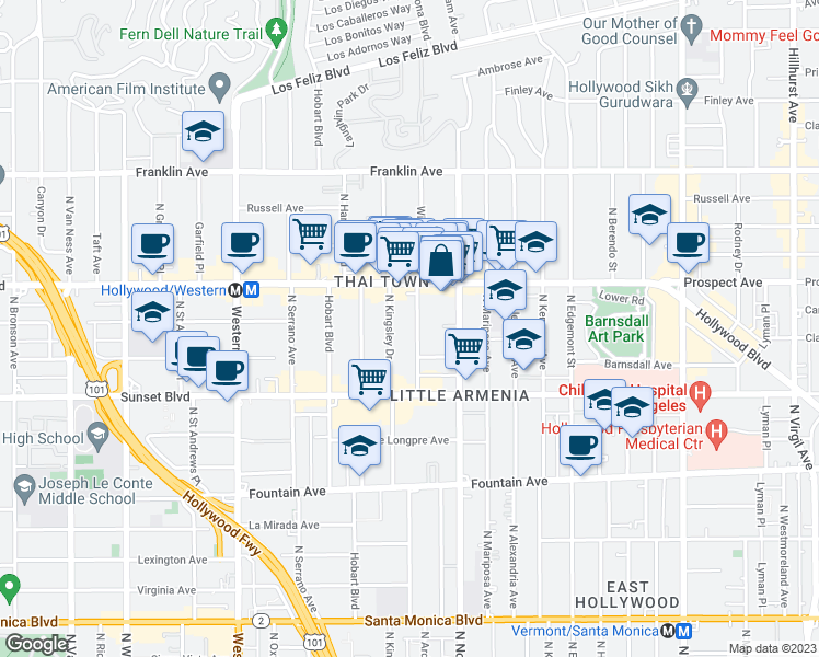 map of restaurants, bars, coffee shops, grocery stores, and more near 1611 Winona Boulevard in Los Angeles