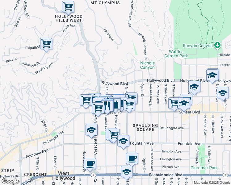 map of restaurants, bars, coffee shops, grocery stores, and more near 7941 Selma Avenue in Los Angeles