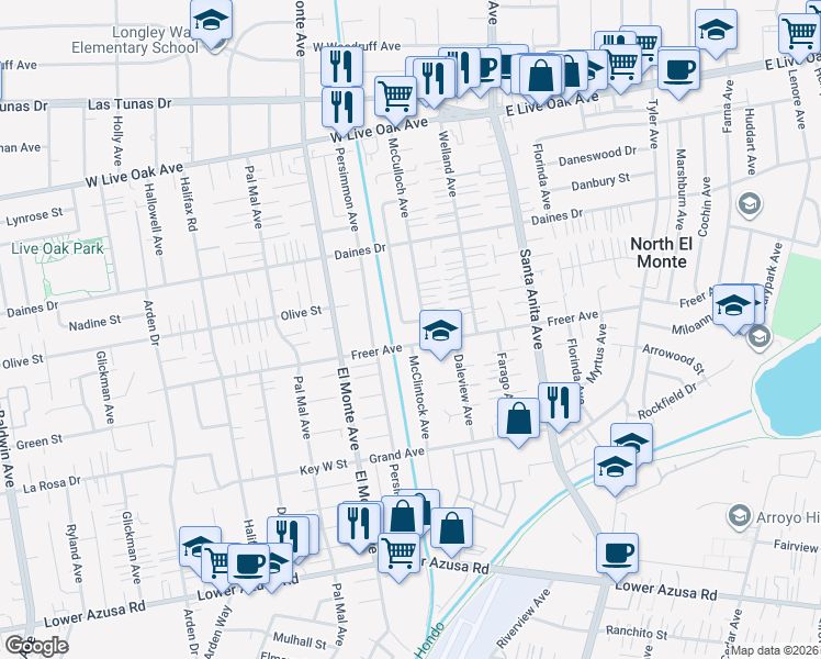 map of restaurants, bars, coffee shops, grocery stores, and more near 10780 Blackley Street in Temple City