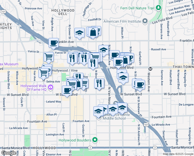 map of restaurants, bars, coffee shops, grocery stores, and more near 1600 North Bronson Avenue in Los Angeles
