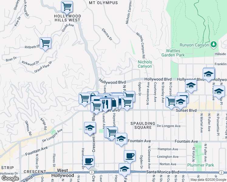 map of restaurants, bars, coffee shops, grocery stores, and more near 7960 Hollywood Boulevard in Los Angeles