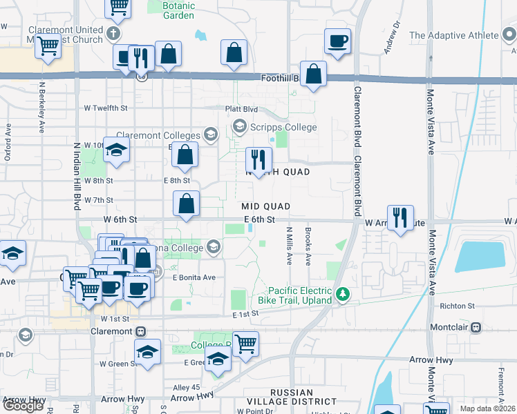 map of restaurants, bars, coffee shops, grocery stores, and more near East 6th Street in Claremont