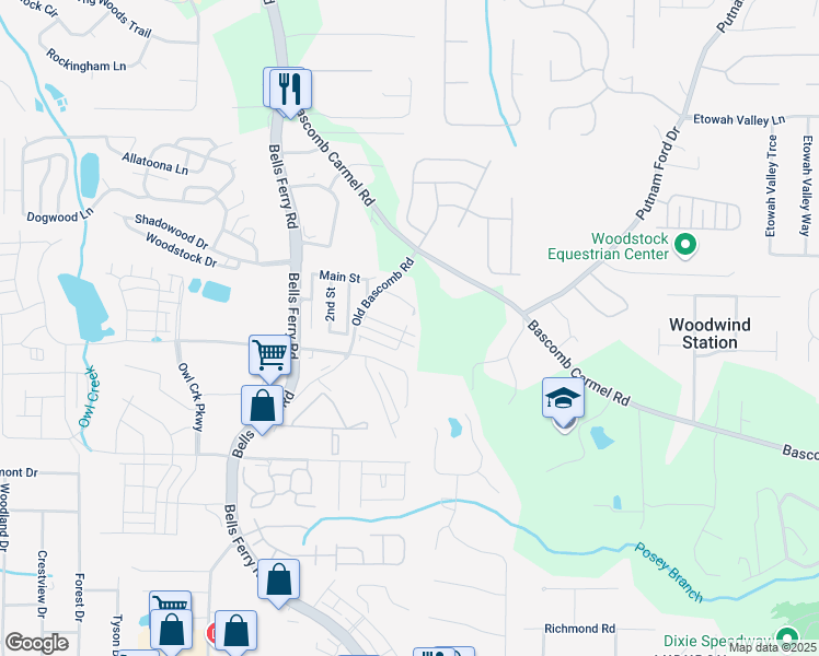 map of restaurants, bars, coffee shops, grocery stores, and more near 6050 Old Bascomb Road in Acworth
