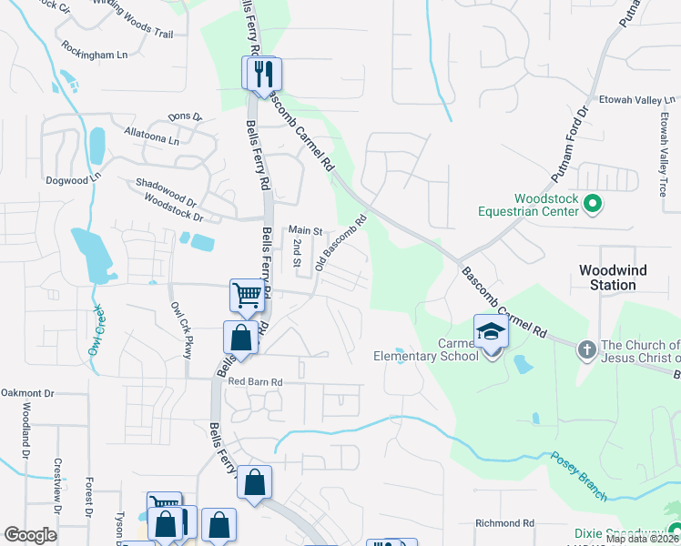 map of restaurants, bars, coffee shops, grocery stores, and more near 6020 Old Bascomb Road in Acworth