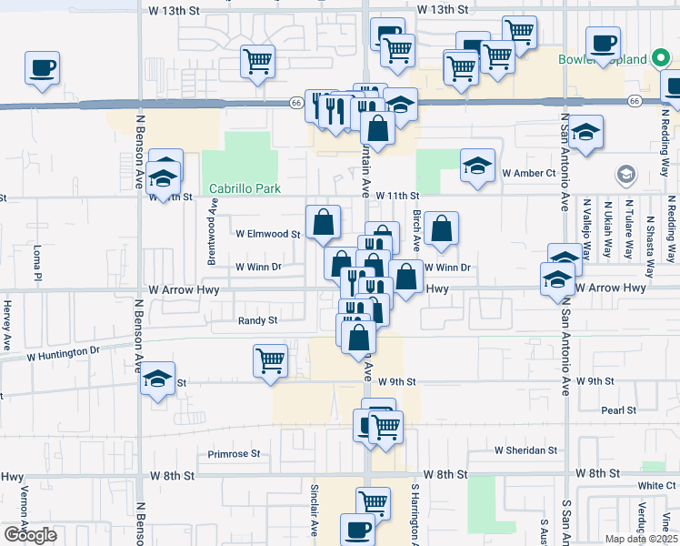 map of restaurants, bars, coffee shops, grocery stores, and more near 553 North Mountain Avenue in Upland