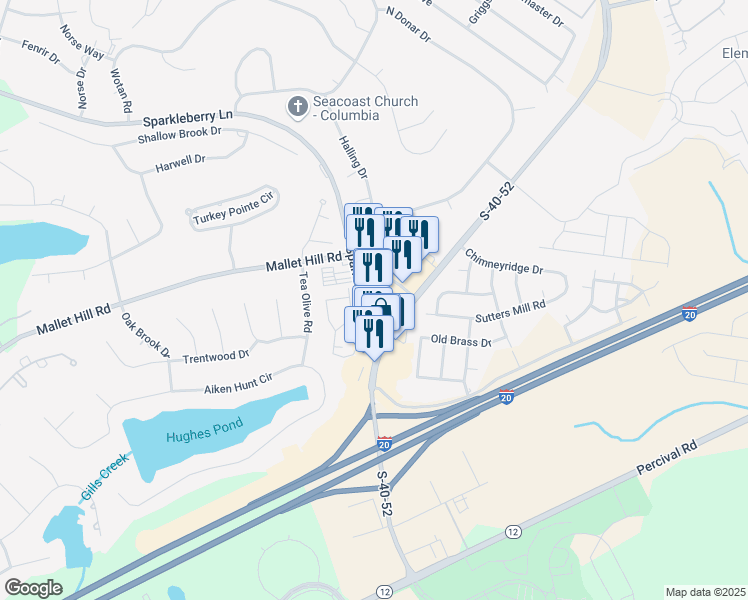 map of restaurants, bars, coffee shops, grocery stores, and more near 841 Sparkleberry Lane in Columbia