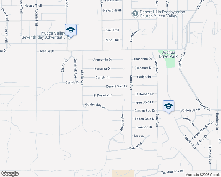 map of restaurants, bars, coffee shops, grocery stores, and more near 56595 Desert Gold Drive in Yucca Valley