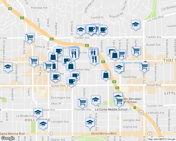 map of restaurants, bars, coffee shops, grocery stores, and more near 5942 Carlton Way in Los Angeles