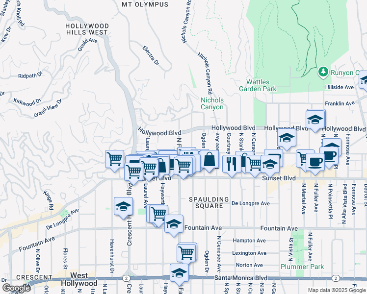 map of restaurants, bars, coffee shops, grocery stores, and more near 1614 North Fairfax Avenue in Los Angeles