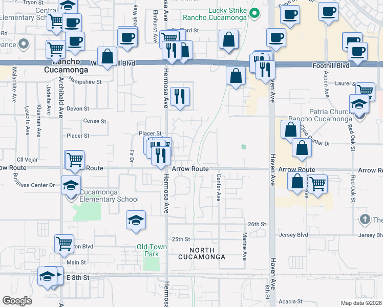 map of restaurants, bars, coffee shops, grocery stores, and more near 10244 Arrow Route in Rancho Cucamonga