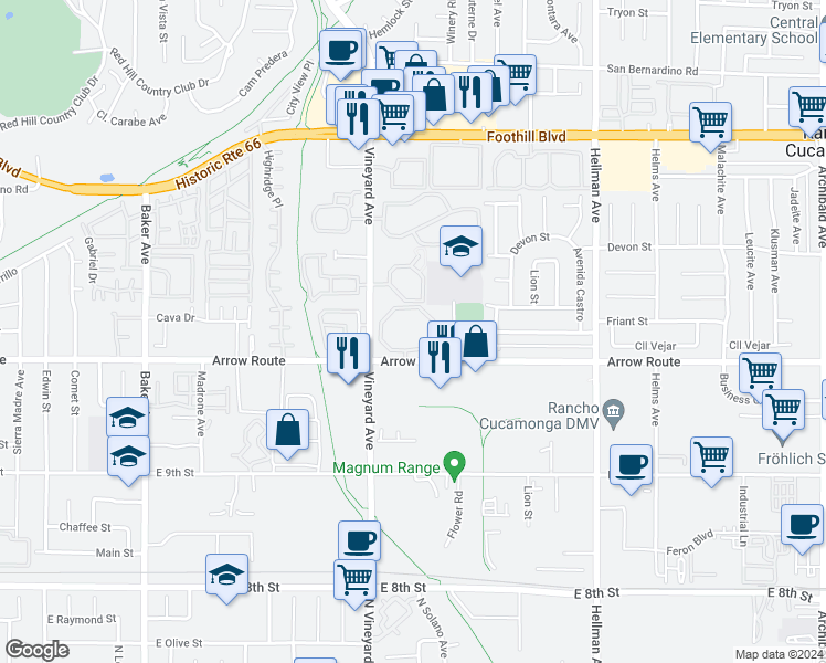 map of restaurants, bars, coffee shops, grocery stores, and more near 8323 Vineyard Avenue in Rancho Cucamonga