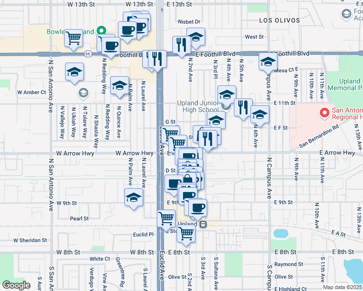 map of restaurants, bars, coffee shops, grocery stores, and more near 608 North 1st Avenue in Upland