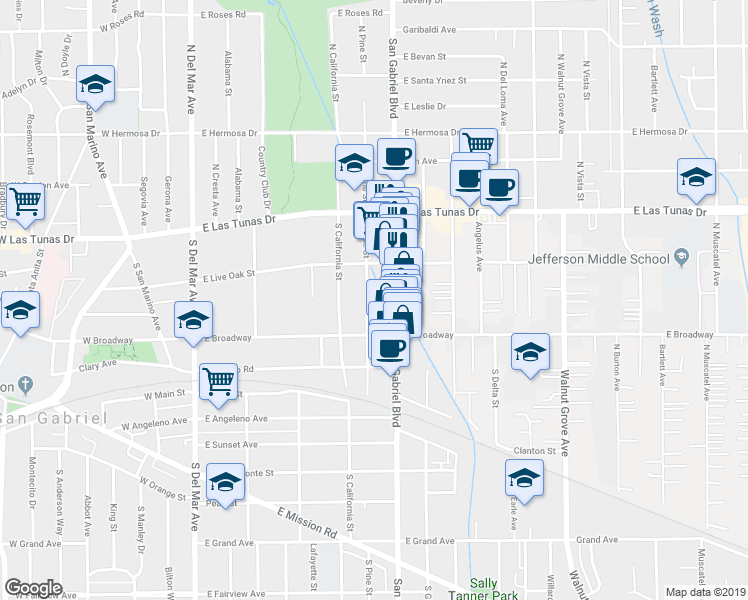 map of restaurants, bars, coffee shops, grocery stores, and more near 215 South San Gabriel Boulevard in San Gabriel