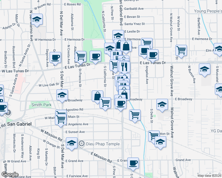 map of restaurants, bars, coffee shops, grocery stores, and more near 215 South San Gabriel Boulevard in San Gabriel