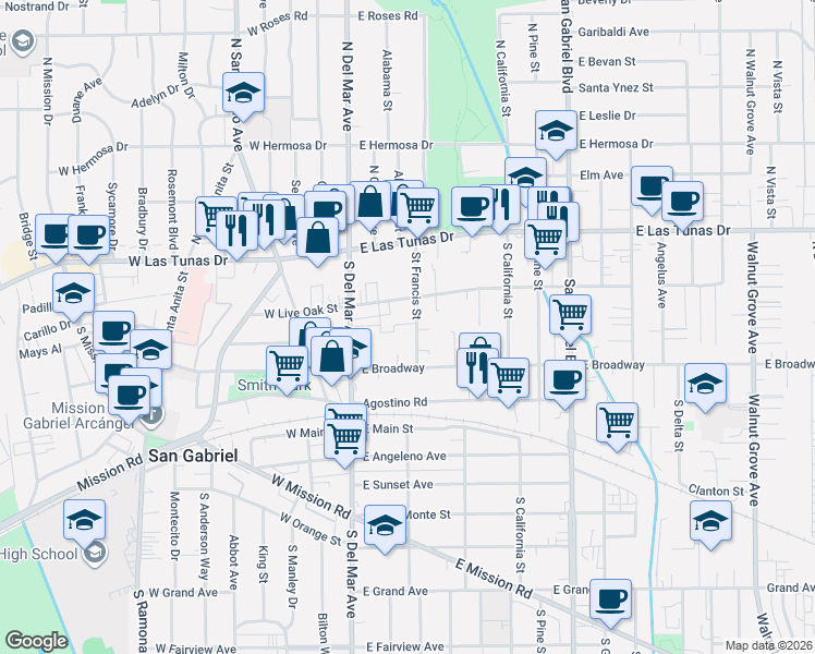 map of restaurants, bars, coffee shops, grocery stores, and more near 202 East Live Oak Street in San Gabriel