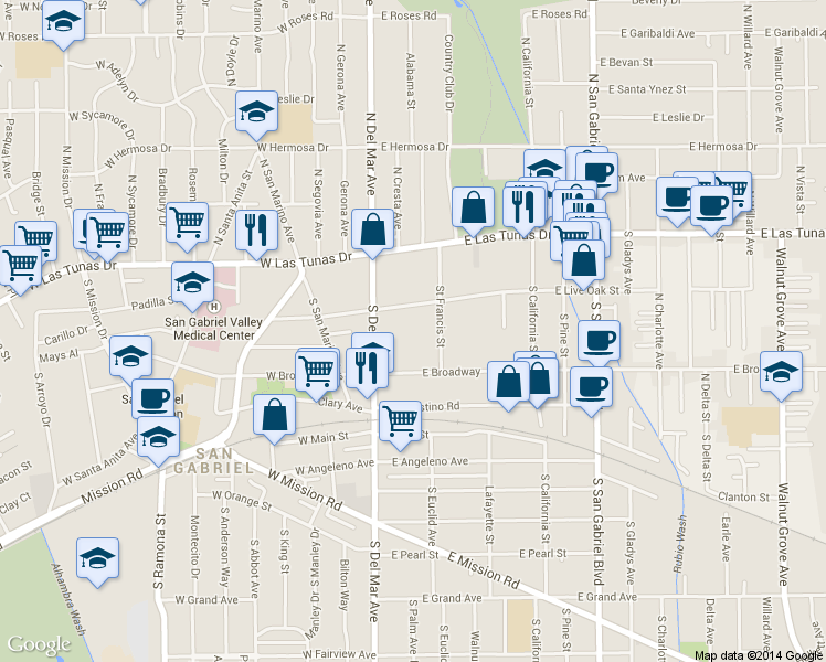 map of restaurants, bars, coffee shops, grocery stores, and more near 202 East Live Oak Street in San Gabriel